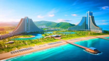 Illustration de l'ambitieux complexe touristique de Wonsan-Kalma en Corée du Nord.