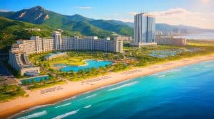 Illustration de l'ambitieux complexe touristique Wonsan-Kalma en Corée du Nord.