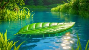 Illustration de la feuille artificielle flottante utilisant la lumière solaire, le dioxyde de carbone et l'eau pour produire du carburant.