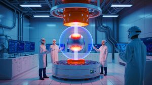 Illustration de l'expérience de fusion nucléaire réussie par le système THOR au laboratoire de Los Alamos.