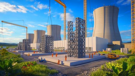 Illustration de l'impact des technologies d'impression 3D sur la construction rapide et économique des centrales nucléaires.