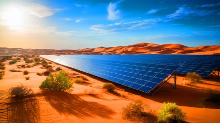Illustration de l'impact des installations solaires dans le désert sur les écosystèmes et le climat.