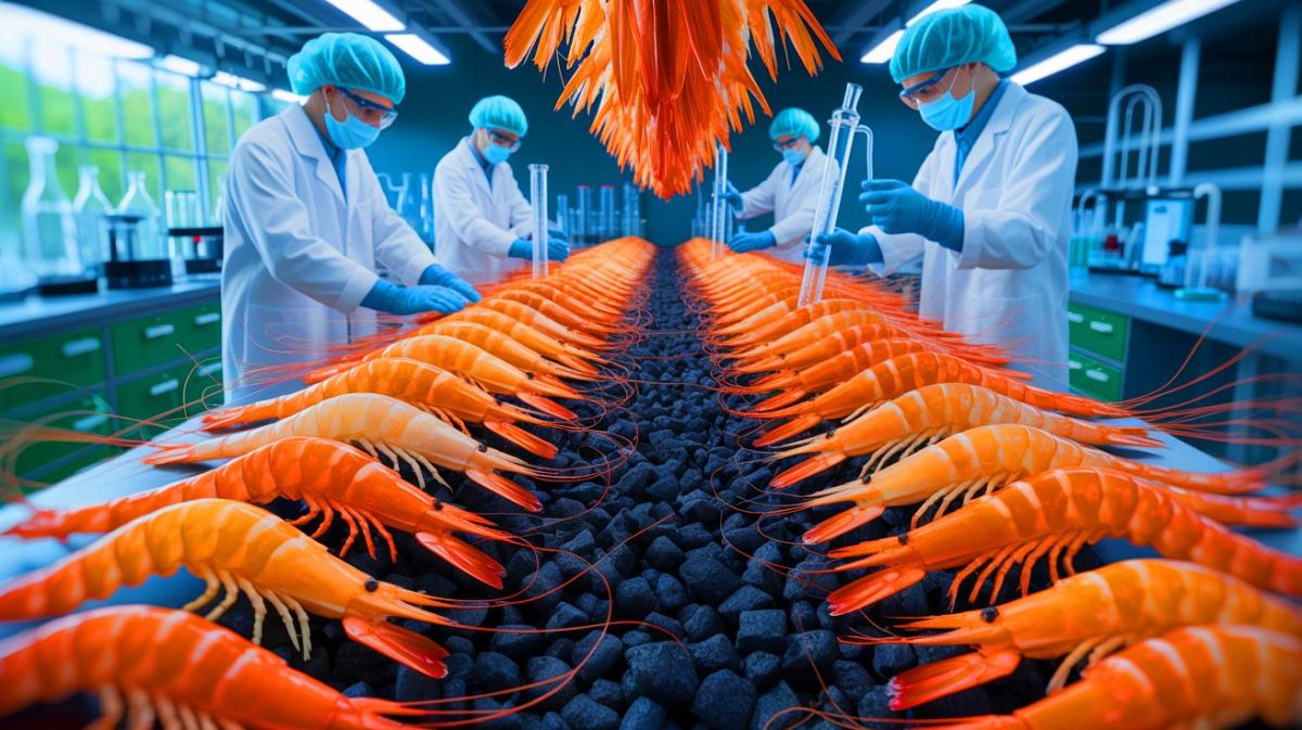 Les chercheurs accusent : « Ce matériau perturbe l’équilibre » des industries en transformant les déchets marins en adsorbant de CO2 Illustration de la transformation des déchets de crevettes en matériau carbone pour la capture du CO₂.