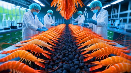 Illustration de la transformation des déchets de crevettes en matériau carbone pour la capture du CO₂.