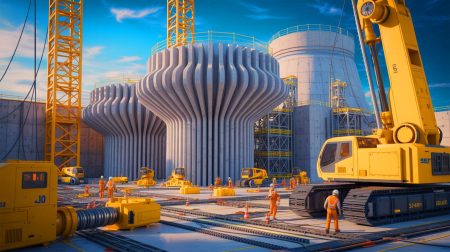 Illustration de l'impression 3D révolutionnant la construction des centrales nucléaires.