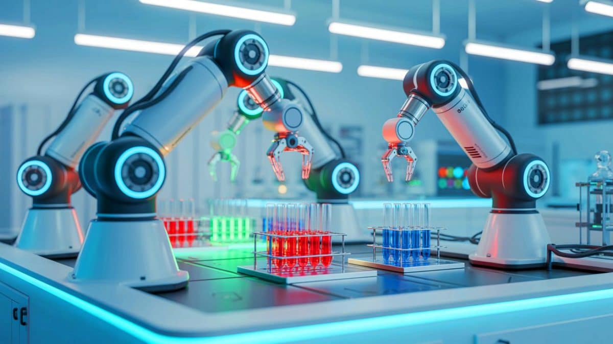 Illustration de robots autonomes dans un laboratoire de recherche scientifique.