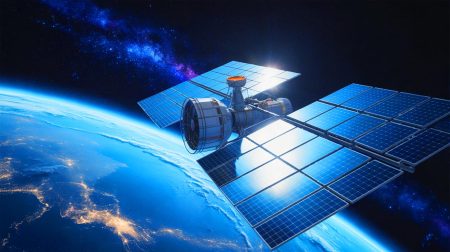 Illustration de la transmission d'énergie solaire depuis des satellites en orbite vers la Terre.