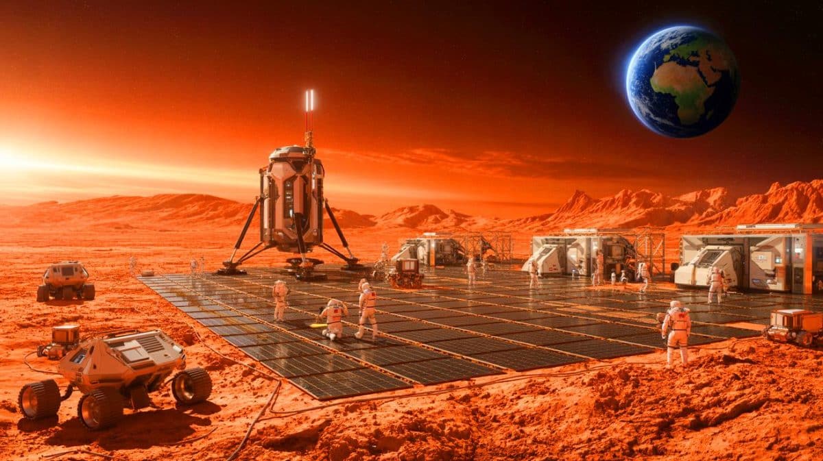 Illustration de la vision d'Elon Musk pour la colonisation de Mars face aux défis terrestres.