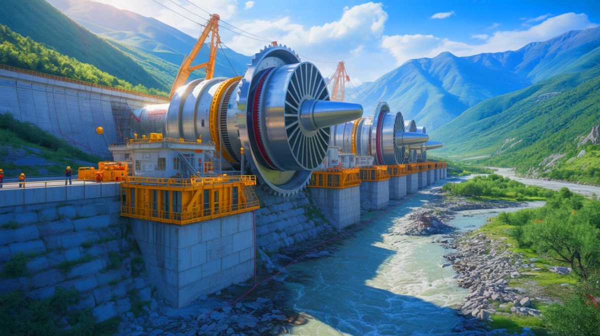 Illustration de l'installation de turbines hydroélectriques géantes au Tibet par la Chine.