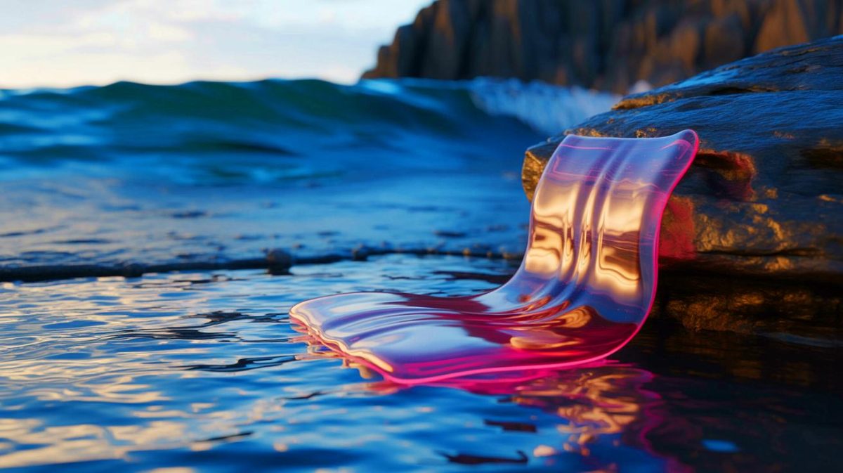 Illustration de l'hydrogel adhésif fixé à un rocher en bord de mer, démontrant sa résistance exceptionnelle.