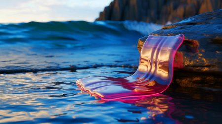 Illustration de l'hydrogel adhésif fixé à un rocher en bord de mer, démontrant sa résistance exceptionnelle.
