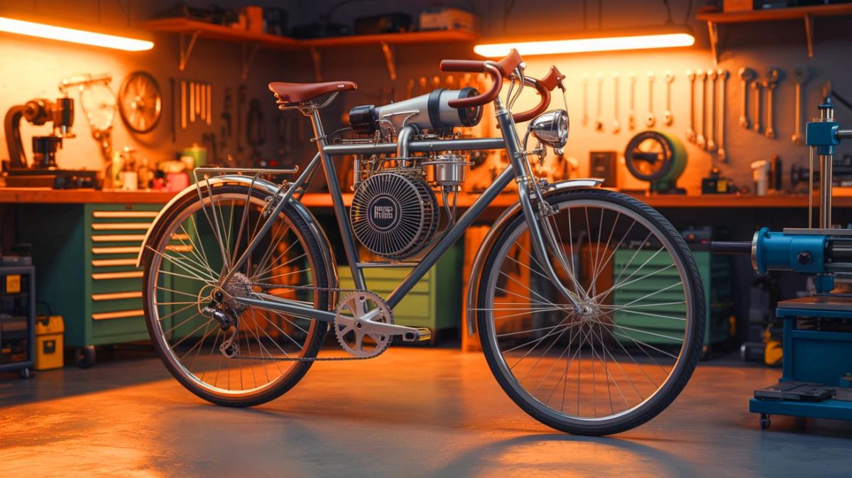 Illustration de Tom Stanton testant son vélo propulsé par un moteur Stirling fonctionnant à la chaleur.