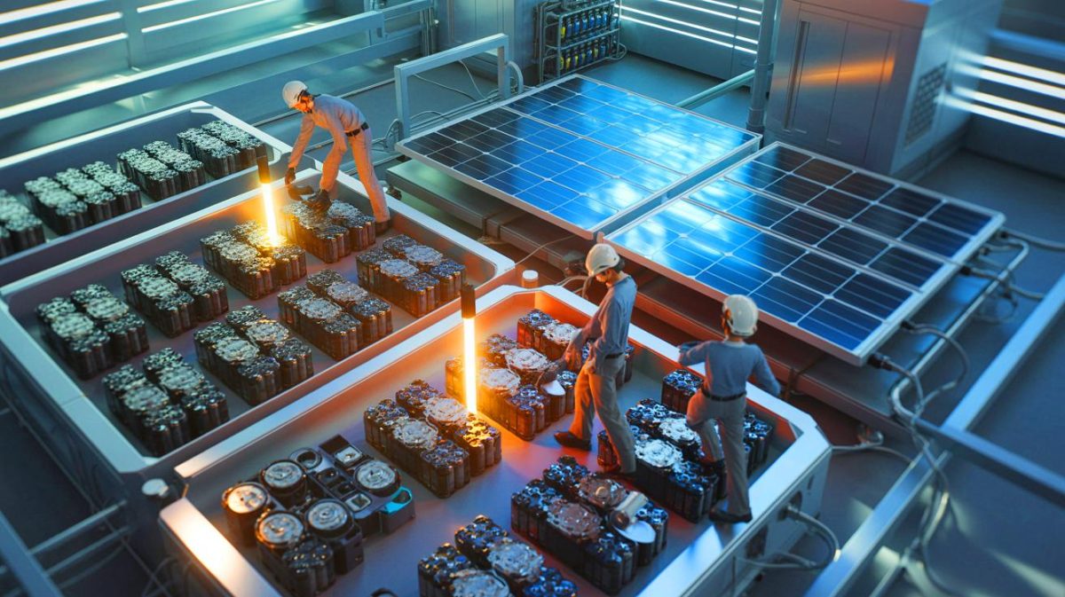 Illustration de la transformation des batteries usagées en catalyseurs solaires innovants.