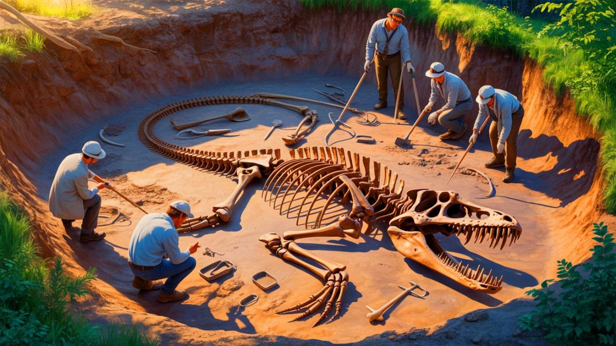 Illustration de la découverte du fossile de Plesionectes longicollum en Allemagne.
