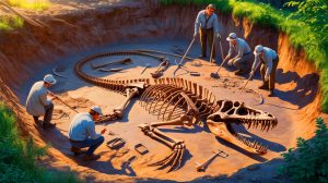 Illustration de la découverte du fossile de Plesionectes longicollum en Allemagne.