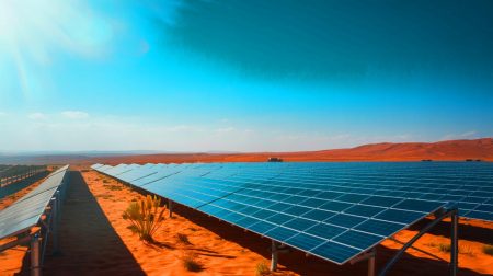 Illustration de l'impact environnemental des installations solaires dans les déserts sur les écosystèmes désertiques.