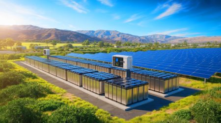 Illustration de l'installation de batteries au fer et au sel pour renforcer la résilience énergétique en Californie.