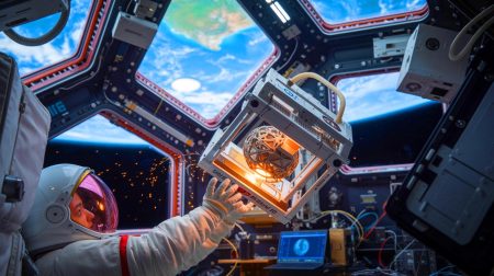Illustration de la fabrication d'un objet métallique par impression 3D en microgravité sur l'ISS.