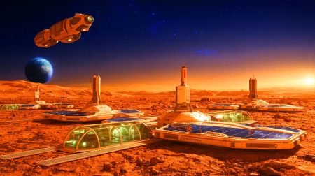 Illustration de la vision d'Elon Musk pour la colonisation de Mars face aux menaces cosmiques sur Terre.