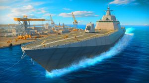 Illustration de la mise à l'eau du premier navire d'assaut géant de la US Navy par Austal USA.