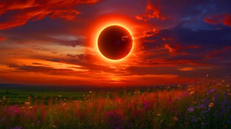 Illustration de la Nouvelle Lune en Vierge accompagnée de l'éclipse solaire de septembre 2025.