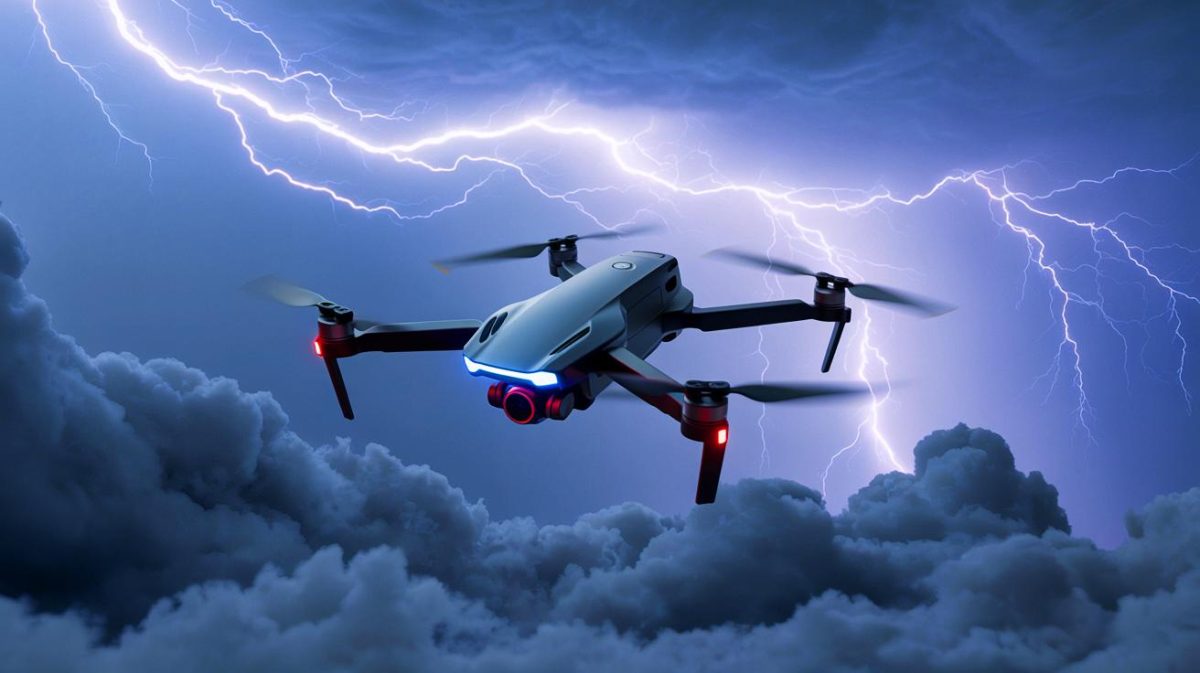 Illustration de la technologie japonaise de drones contrôlant la foudre.