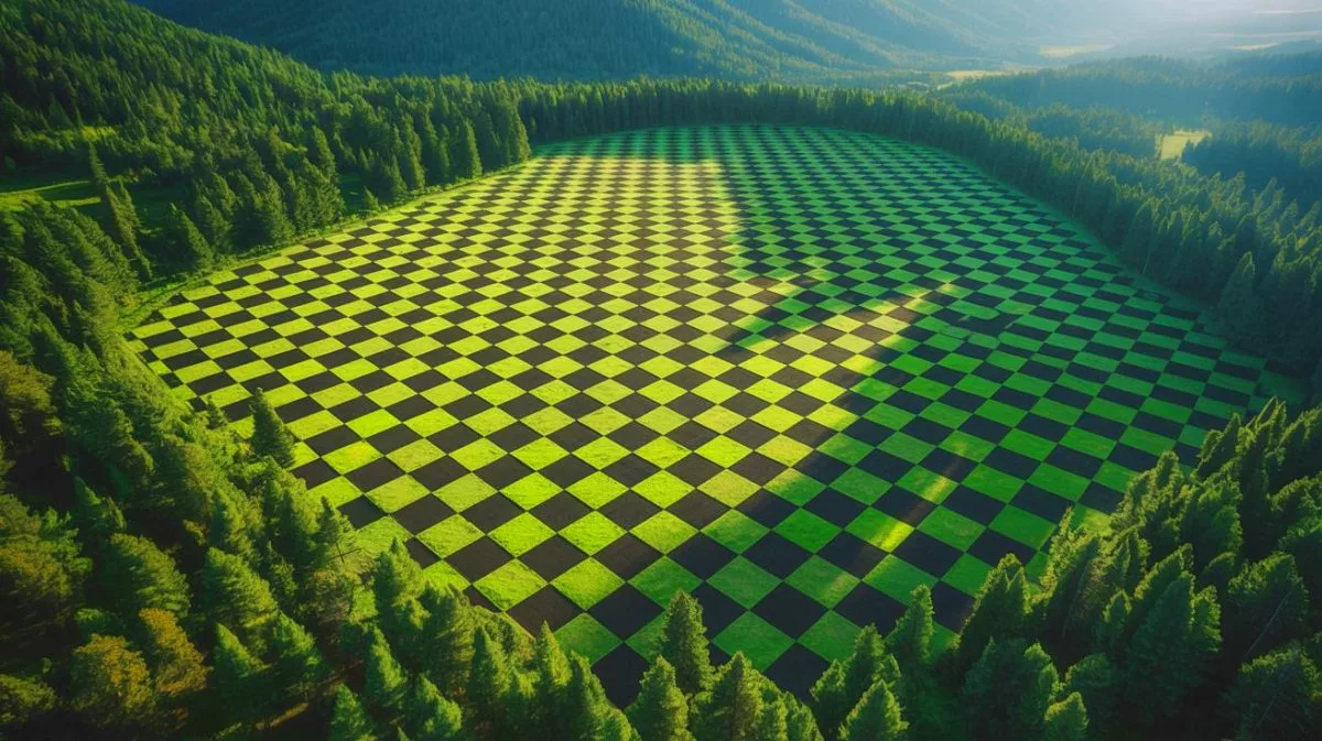 Illustration de la vue spatiale du motif en damier formé par la gestion forestière historique dans les forêts d'Idaho.
