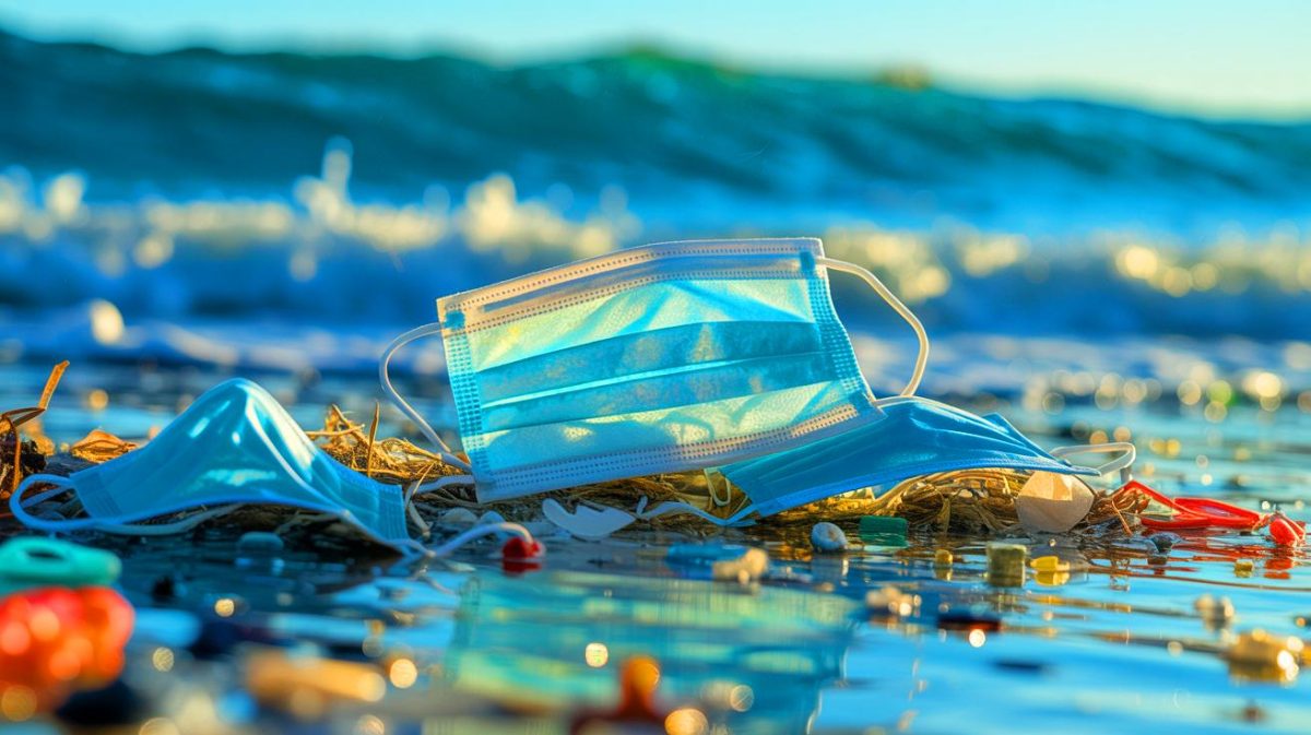 « Même neufs ils empoisonnent déjà l’eau » : ces masques COVID libèrent des microplastiques toxiques qui terrifient les scientifiques Illustration de masques jetables contribuant à la pollution microplastique.