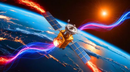 Illustration de satellites accumulant des électrons en orbite autour de la Terre.
