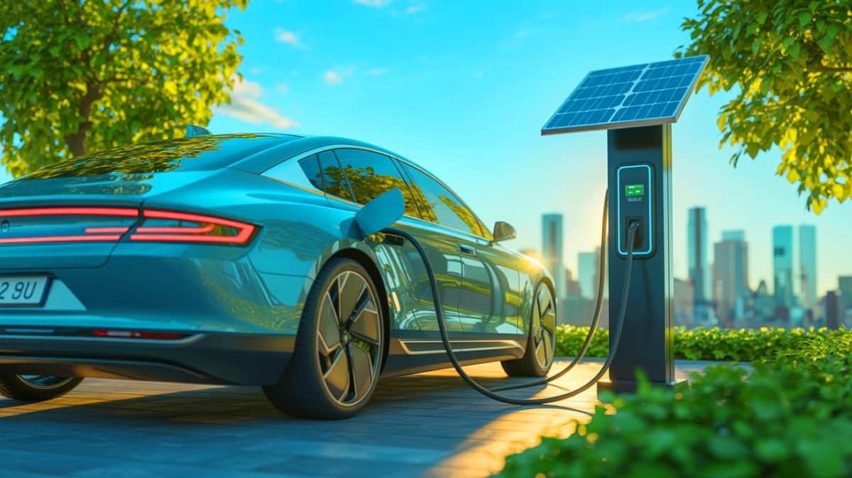 Illustration de la réduction des émissions de CO2 par les véhicules électriques grâce à l'utilisation d'énergies renouvelables.