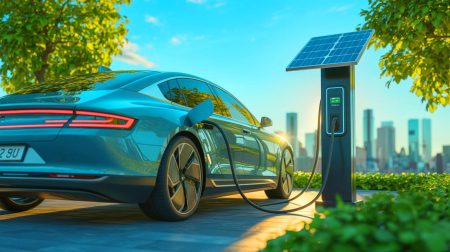 Illustration de la réduction des émissions de CO2 par les véhicules électriques grâce à l'utilisation d'énergies renouvelables.