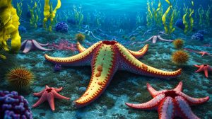Illustration de la découverte de la bactérie Vibrio pectenicida responsable de l'épidémie dévastatrice chez les étoiles de mer.