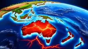 Illustration de l'Australie en mouvement vers l'Asie, annonçant une future collision tectonique.