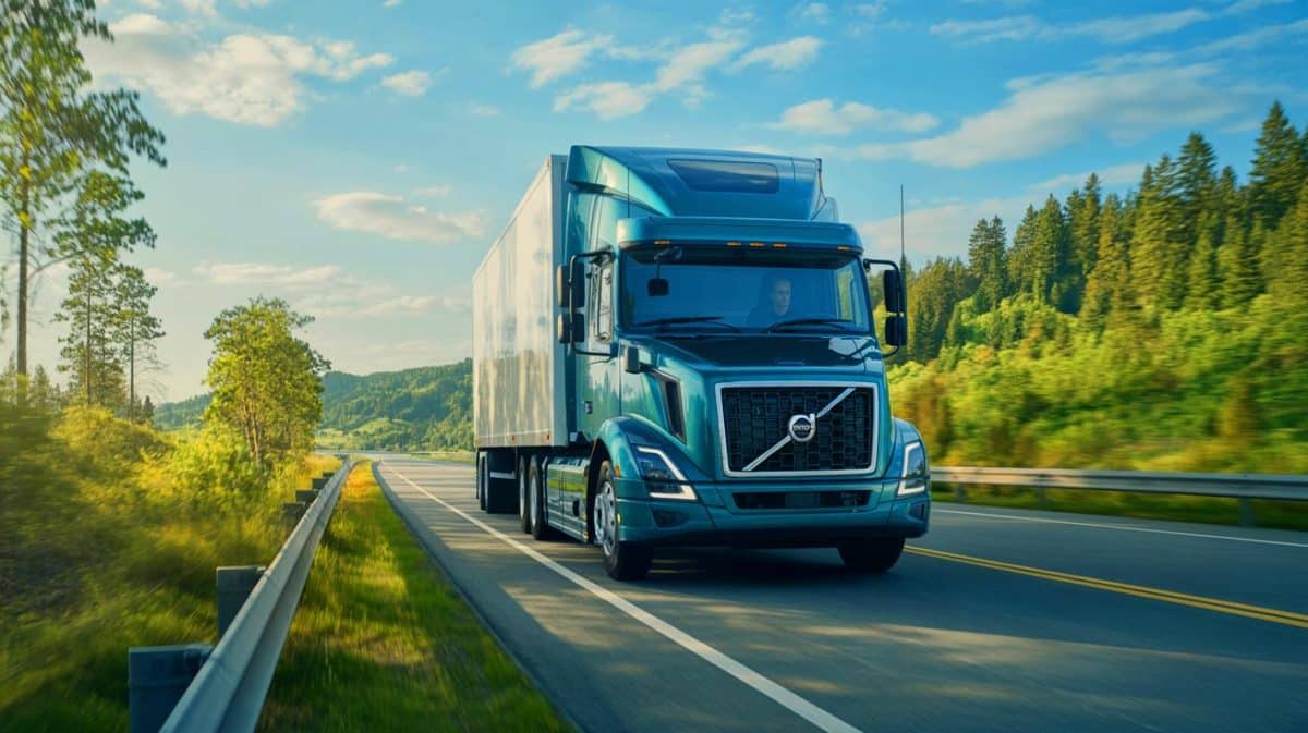 Illustration de l'innovation de Volvo Trucks avec son moteur stop-start pour camions lourds visant à réduire les émissions de CO2.