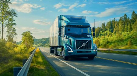 Illustration de l'innovation de Volvo Trucks avec son moteur stop-start pour camions lourds visant à réduire les émissions de CO2.