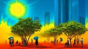 Illustration de l'impact des vagues de chaleur extrêmes sur les populations en période de réchauffement climatique.