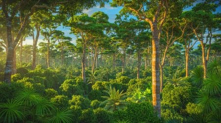 Illustration de la transformation des arbres de l'Amazonie due à l'augmentation du CO2 atmosphérique.