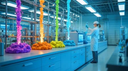 Illustration de la transformation des déchets industriels en matériaux durables par Biophelion.
