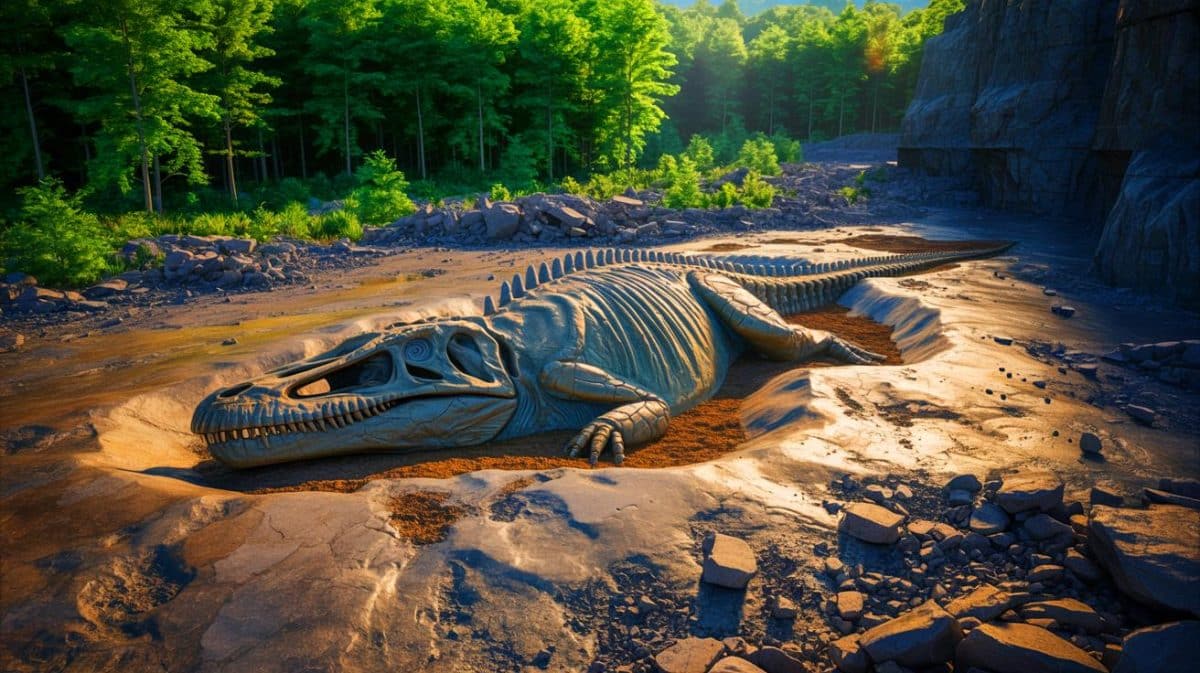 « Ces mosasaures géants cachent 100 000 fossiles » : le trésor du New Jersey révèle l’extinction des dinosaures et stupéfie les scientifiques Illustration de la découverte de fossiles de mosasaures dans le parc fossile Edelman au New Jersey.