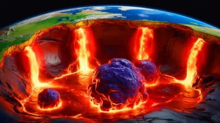 Illustration de la découverte des structures mystérieuses, appelées BLOBS, dans le manteau terrestre et leur influence sur les éruptions volcaniques.