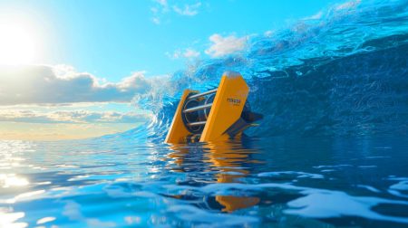 Illustration de la transformation des vagues en énergie renouvelable grâce aux nanogénérateurs triboélectriques.
