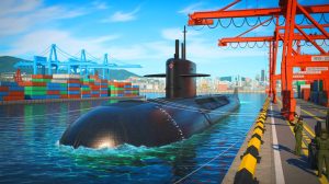 Illustration de l'arrivée du sous-marin nucléaire américain USS Alexandria à Busan, en Corée du Sud.