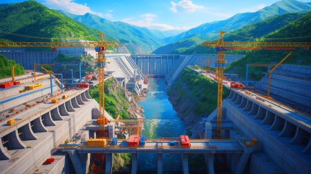 Illustration de la construction du barrage hydroélectrique de Motuo, projet titanesque en Chine.