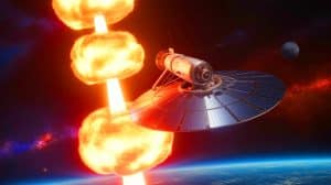 Illustration de la propulsion spatiale à l'aide d'explosions nucléaires et de voiles solaires innovantes.