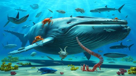 Illustration de la découverte d'un écosystème sous-marin prospérant autour des vestiges d'une immense créature marine.