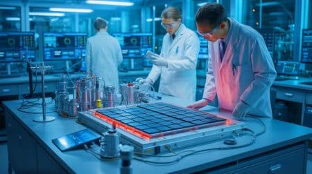 Illustration de l'innovation des batteries au sodium comme alternative durable au lithium.