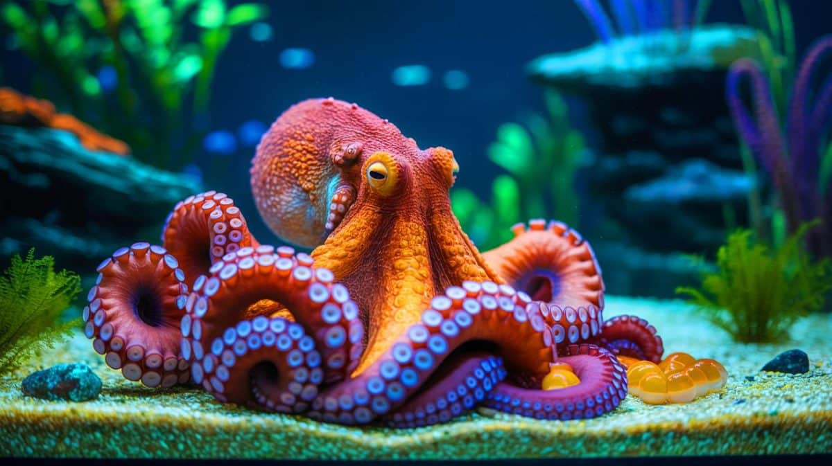 Illustration de Ghost, une pieuvre géante du Pacifique, dévouée à ses œufs non fécondés dans un aquarium californien.