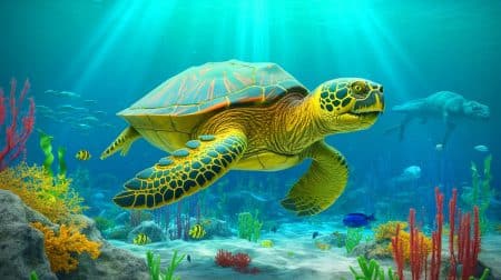 Illustration de la découverte d'une nouvelle espèce de tortue marine, Craspedochelys renzi, datant du Crétacé inférieur.