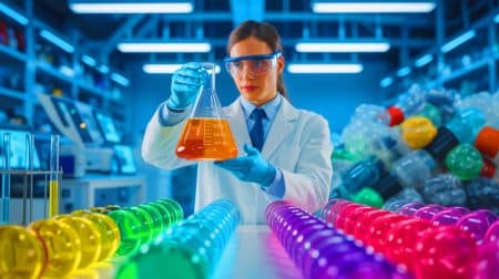 Illustration de la transformation des déchets plastiques en carburants liquides grâce à un catalyseur innovant.