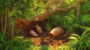 Illustration de la découverte de sept urnes funéraires en céramique sous un arbre tombé en Amazonie.
